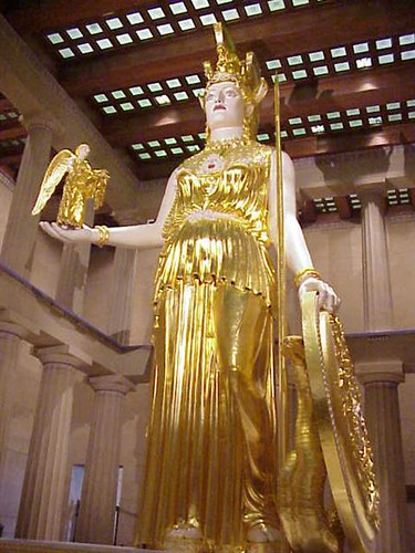 The Goddess Athena Parthenos was recreated in 1990. The statue of Athena was not installed until 100 years after Nashville's Parthenon was constructed for an 1897 exposition celebrating Tennessee's first century of statehood. Sculptor Alan LeQuire, a Nashville native, adorned this statue with eight pounds of gold leaf. Photograph by Mary Harrsch.