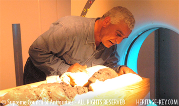 Dr Zahi Hawass watches over the King Tut mummy as it undergoes a CT Scan. Image Credit - Supreme Council of Antiquities.