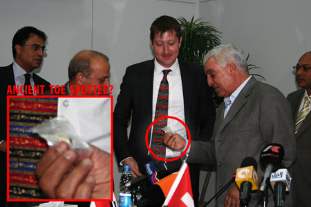 Toe be or not toe be? Dr Zahi Hawass agrees a deal with the Swiss. Image Credit - SCA.
